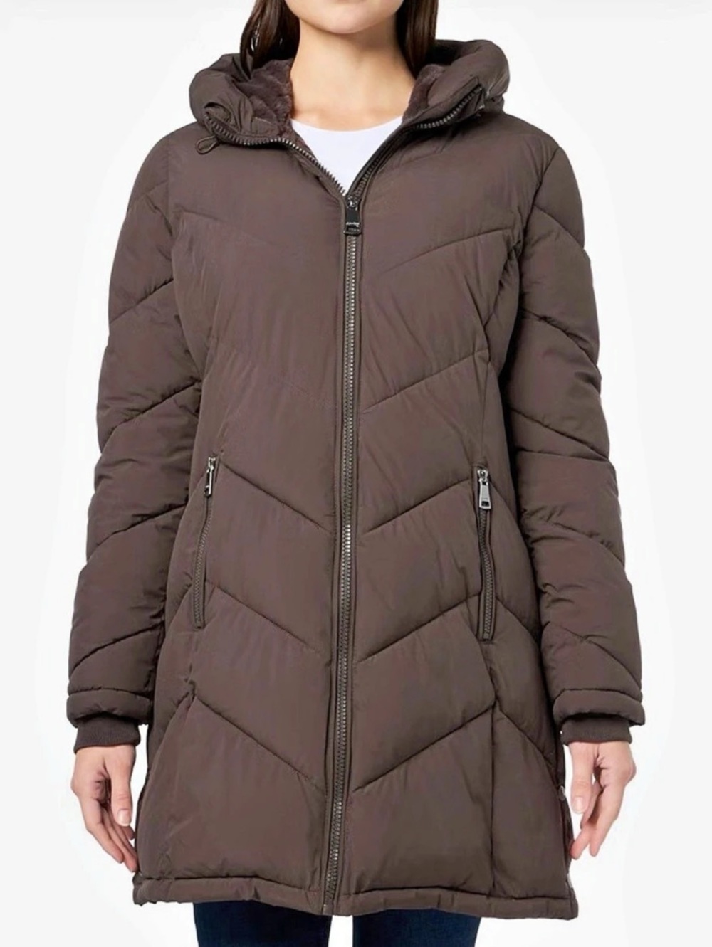 Calvin Klein Women's Hooded Chevron Quilted Down Coat Brown | Size M
